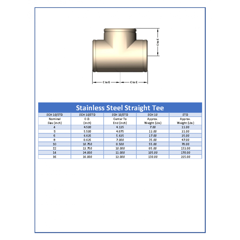 S 10 Type 304L Stainless Steel Grooved Tee Schedule 10 Fittings